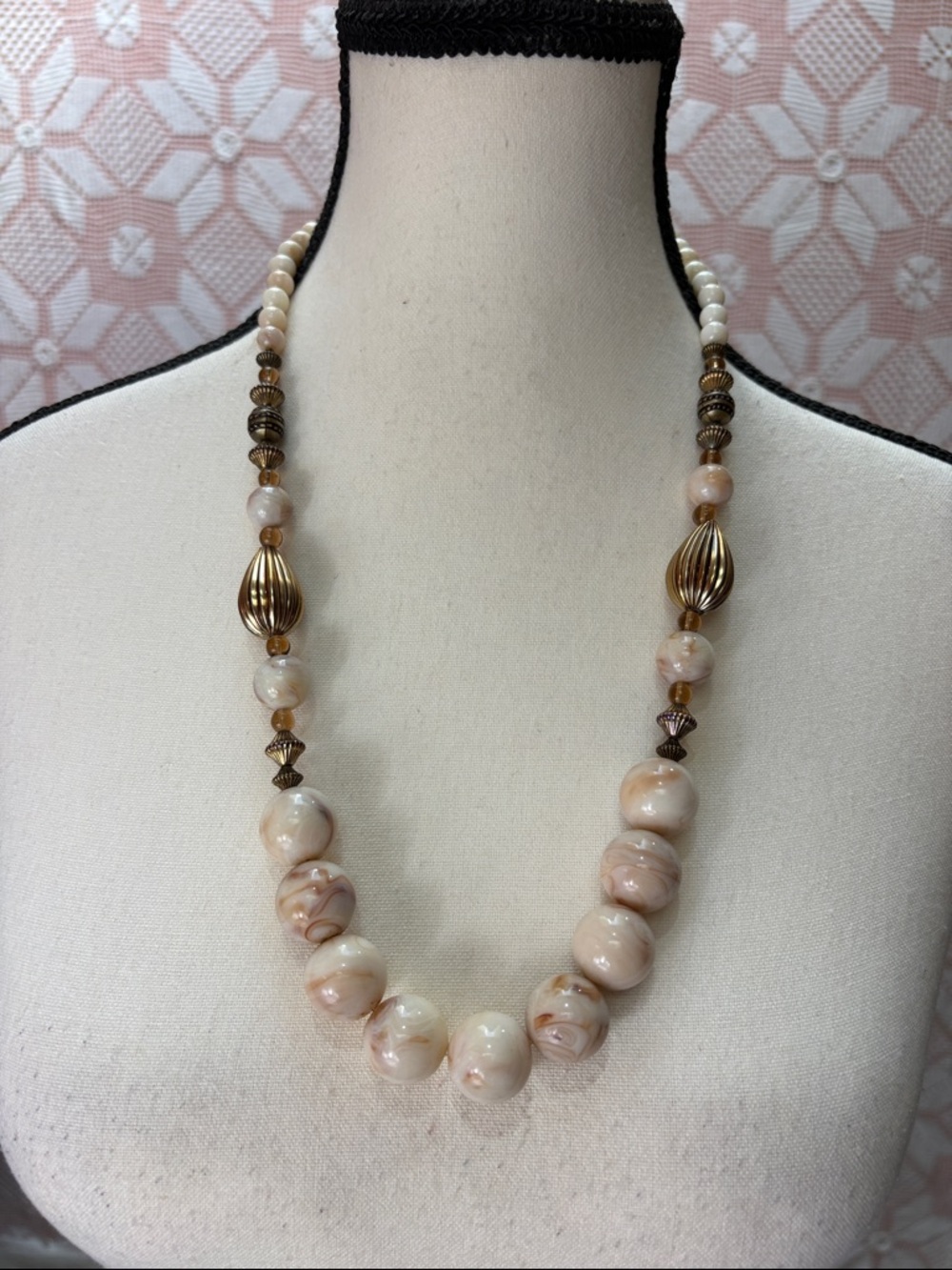 Vintage Marbled Lucite Statement Necklace Cream Peach Gold Tone Signed V.A.